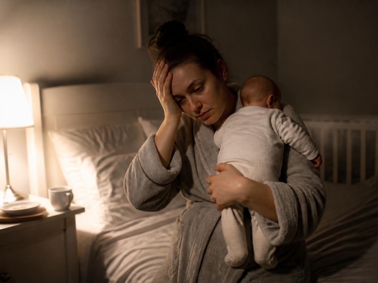 Mãe cansada com o bebê no colo durante a madrugada